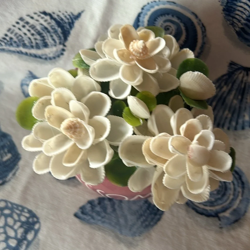 Hand crafted sea shell flowers arrangement in a‎ Rae Dunn pot